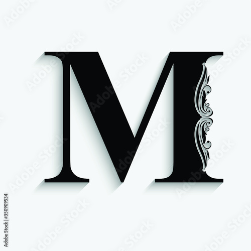 letter M. Black flower alphabet.  Beautiful capital letters with shadow