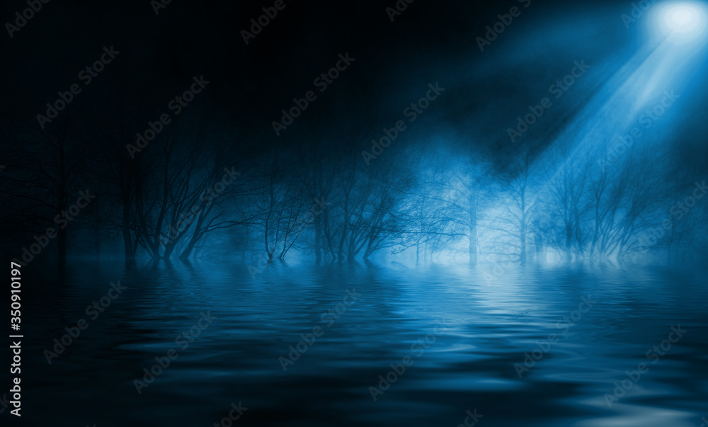 Reflection of the full moon on the water. Dark dramatic background. Moonlight, smoke and fog