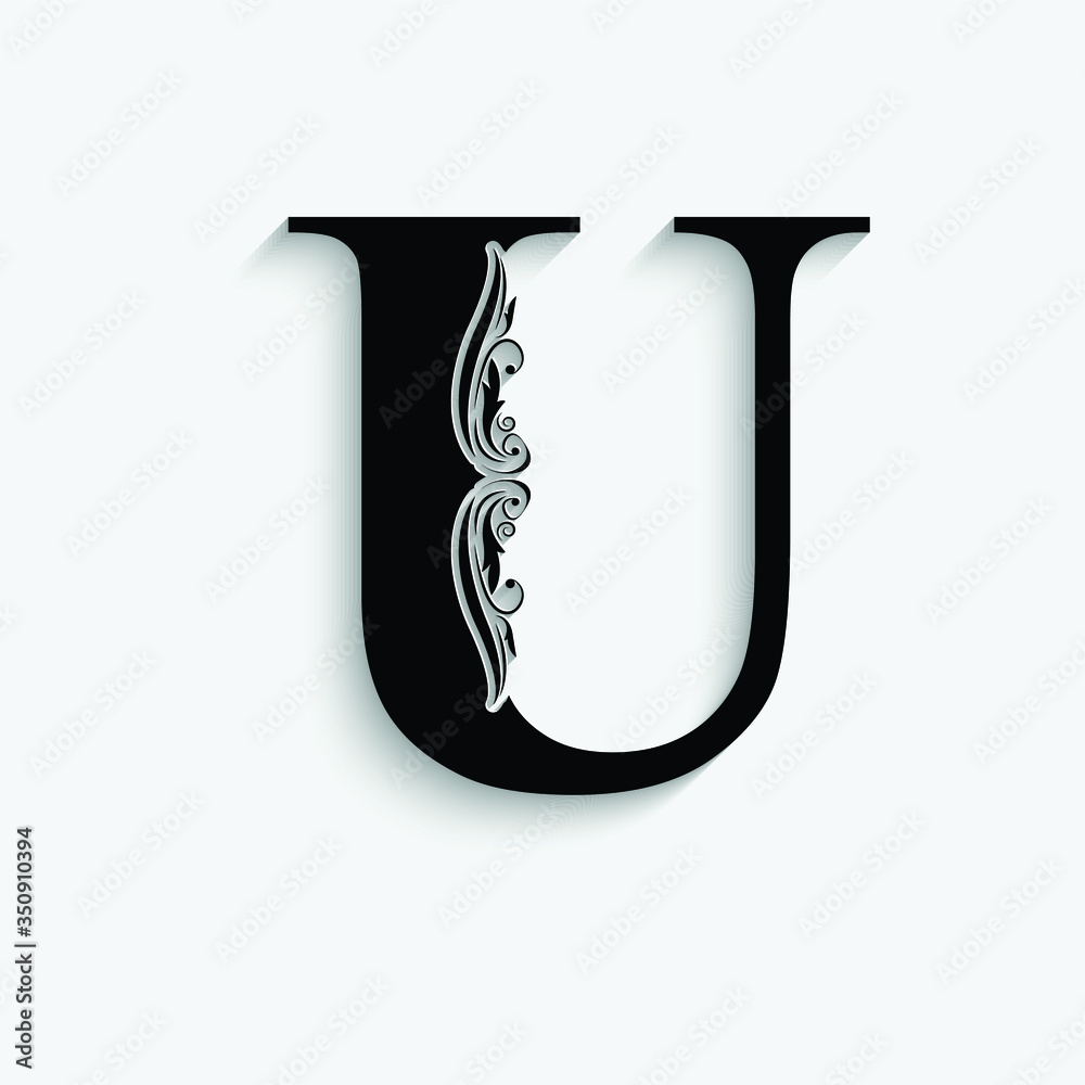 letter U. Black flower alphabet. Beautiful capital letters with shadow letter U. Black flower alphabet. Beautiful capital letters with shadow