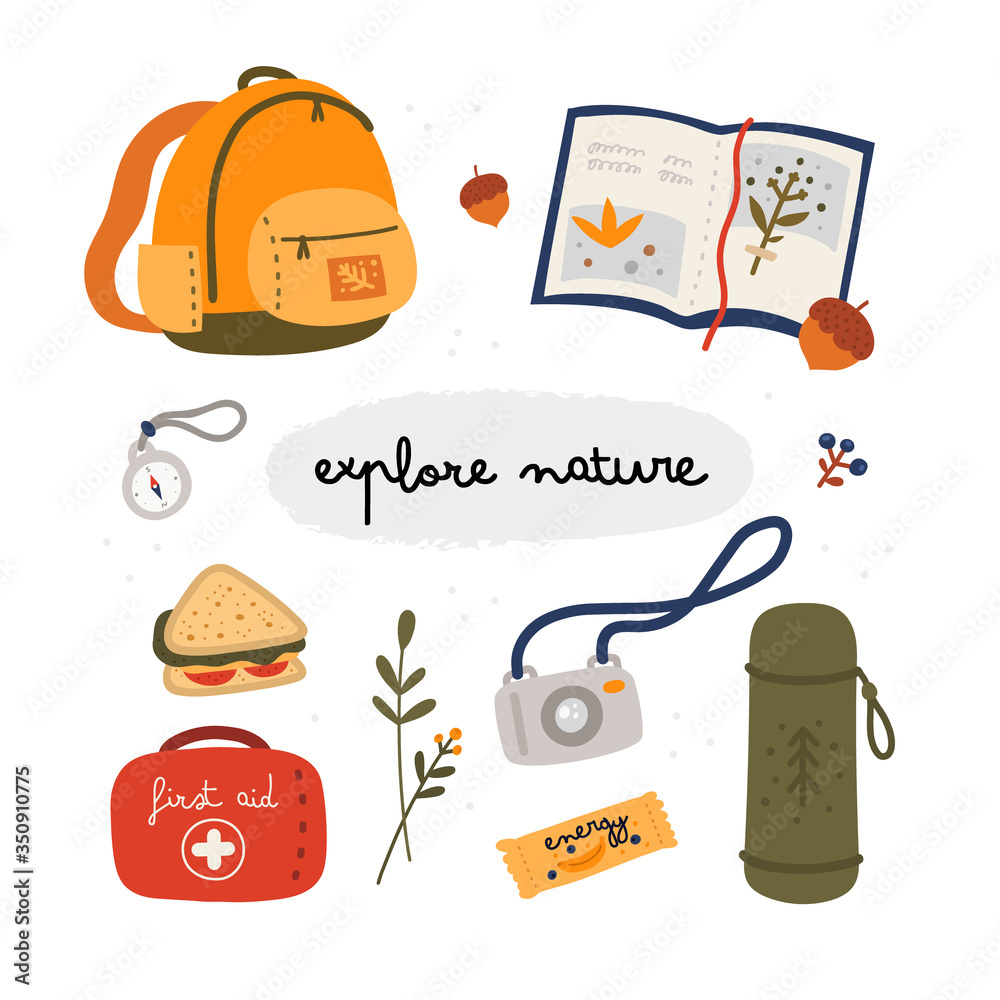 Naklejka premium Explore nature collection. Travel bundle. Backpack, photo camera, diary, herbarium, energy snack, first aid, compass. Vector illustration with tourist equipment in flat style isolated on white