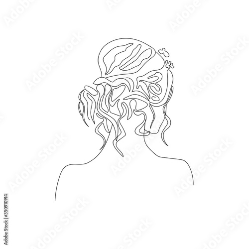 Line art woman bridal hairstyle, continuous line hand drawing of minimalistic profile, vector illustration for feminine art design