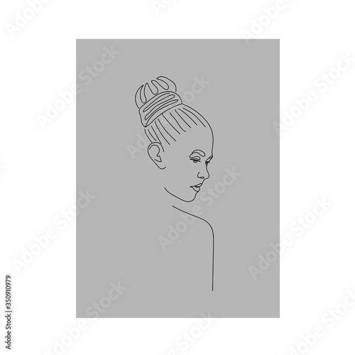 Line art woman bridal beam hairstyle, continuous line hand drawing of minimalistic female profile on gray background, vector illustration for feminine wedding design