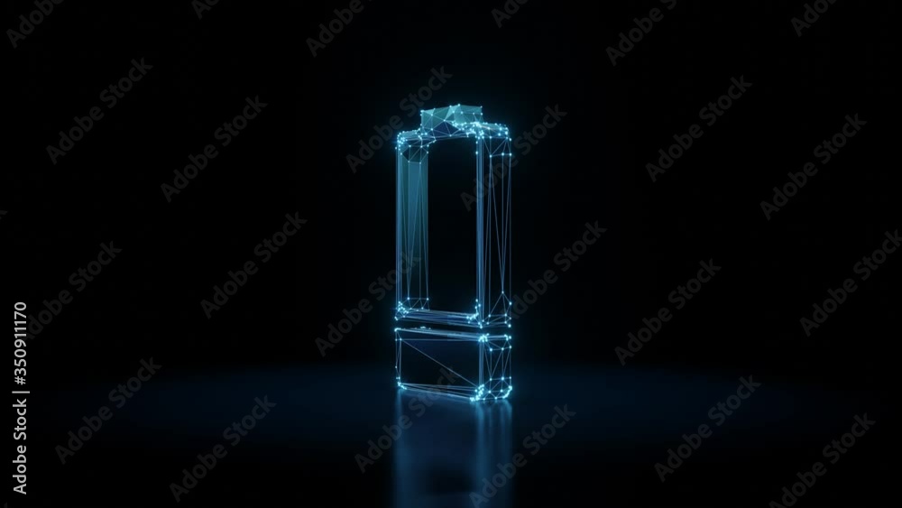 3d rendering seamless loop 4k rotation wireframe neon glowing vertical symbol of one third charged battery  with shining dots on black background with blured reflection on floor