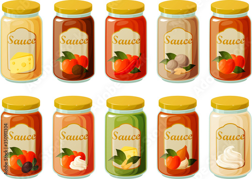 Vector illustration of various pasta sauces and pesto in glass jars isolated on white background.