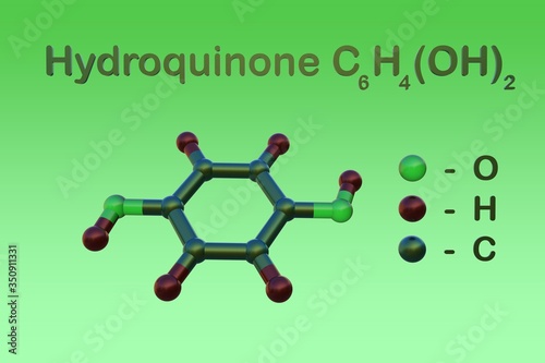 Structural chemical formula and molecular model of hydroquinone that is used for skin depigmentation and in development of photographic film. 3d illustration photo