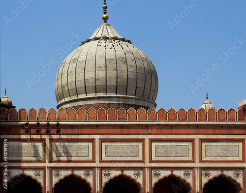 One of the domes of the cathedral mosque Jama Masjit against the sky. Delhi, India.