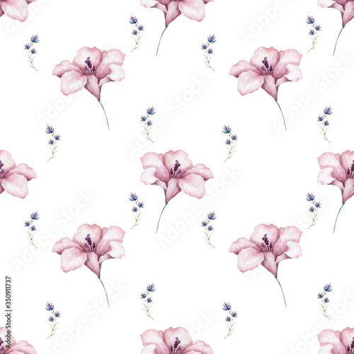 Seamless pink flower pattern background. Hand drawn watercolor illustration on white background.