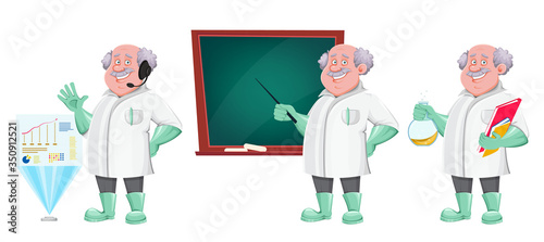 Funny professor cartoon character, set of three poses