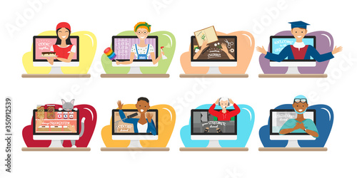 Vector illustration of different podcast channels isolated. Design of video blogs about healthy cook, cleaning, handmade, creativity, online education, storage organization, computer game and medicine