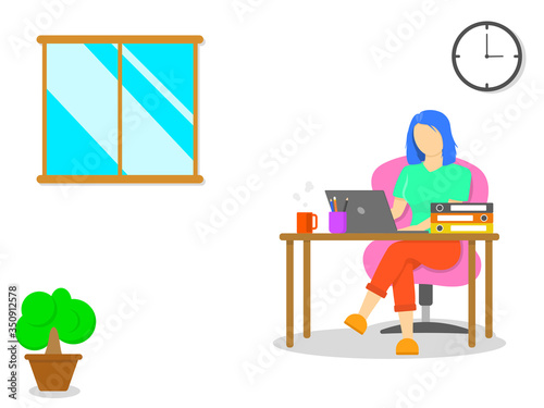 Work from home, Home office, study from home concept. Woman wear glasses siting on chair and working on laptop with copy space.