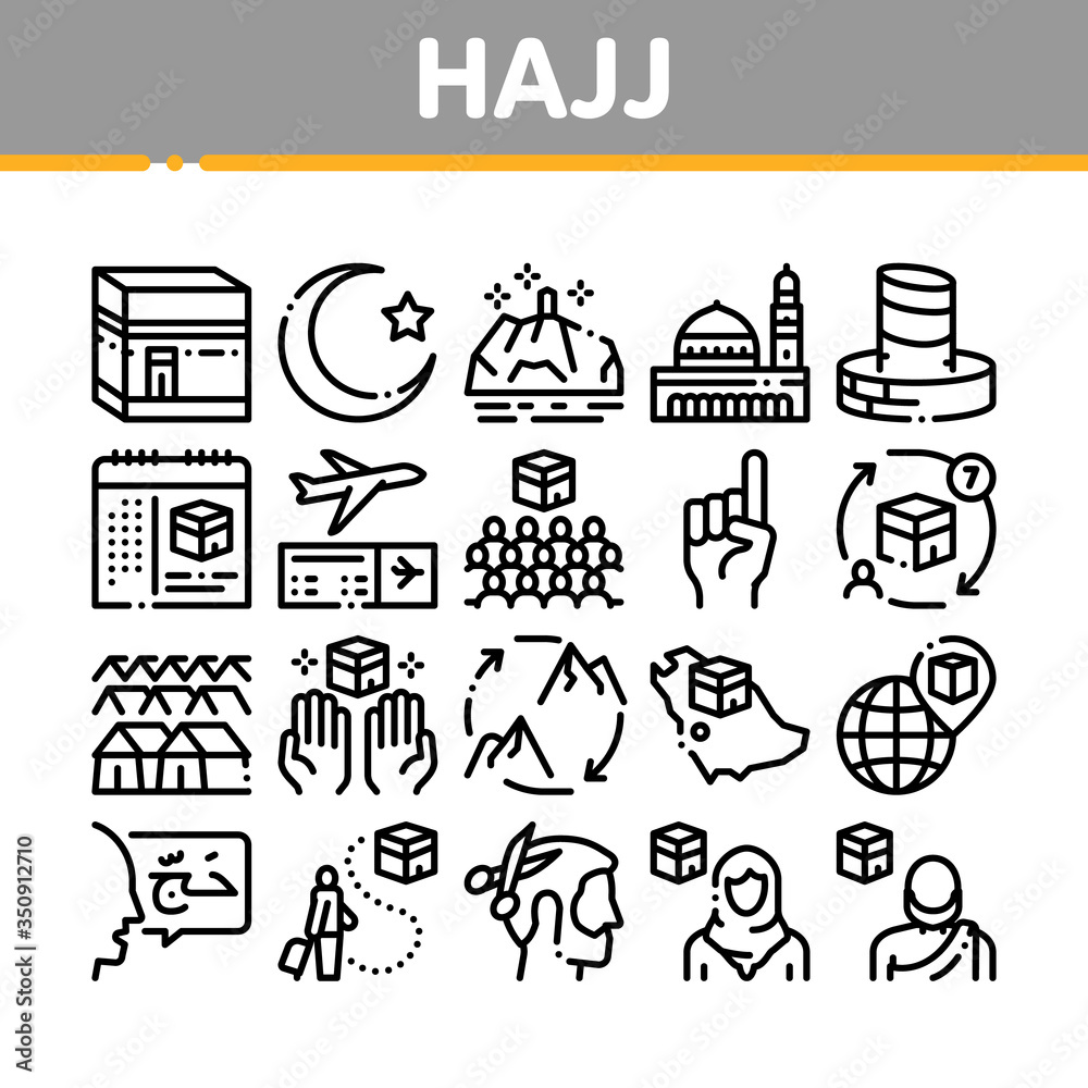 Hajj Islamic Religion Collection Icons Set Vector. Hajj Kaaba Building And Mosque, Airplane Ticket And Touristic Direction Concept Linear Pictograms. Monochrome Contour Illustrations
