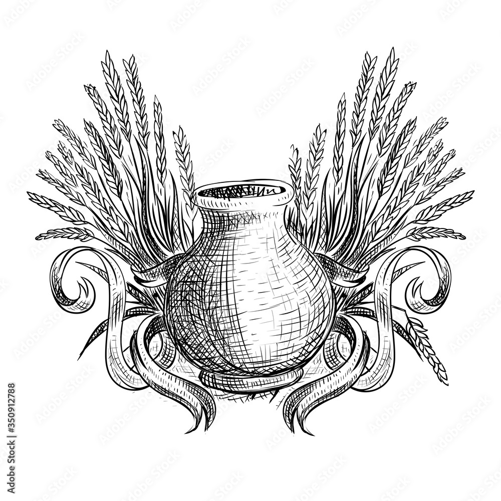 Clay Jar Of Milk Between Of Sheaf Of Wheat Vector Illustration In Sketch Style Isolated On