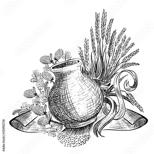 Clay jar of milk between of sheaf of wheat and field flowers. Vector illustration in sketch style isolated on white background