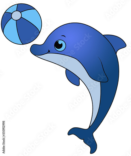 Cute dolphin. Vector illustration blue dolphin jumping with the ball. Cartoon character.