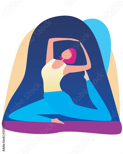 Character or girl with pink hair doing yoga alone, flat vector stock illustration with woman doing asana at home for yoga day