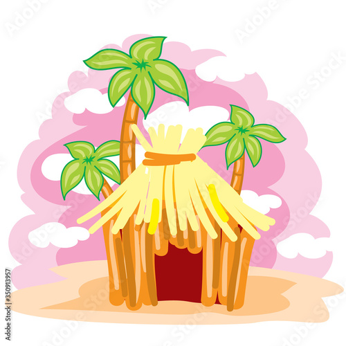 hut made of straw on a background of palm trees and a pink sky, landscape, exotic, relaxation, downshifting, vector illustration,