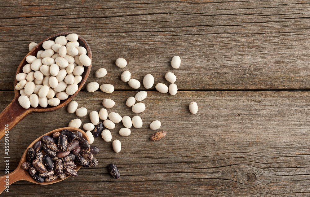 oval and round brown and white beans in a wooden spoon on a gray background from boards oval and round brown and white beans in a wooden spoon on a gray background from boards