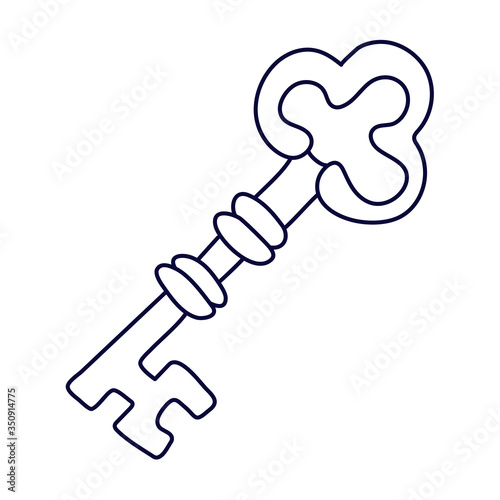 Vintage key in doodle style. Hand drawn vector illustration in black ink isolated on white background.  Great for coloring book.