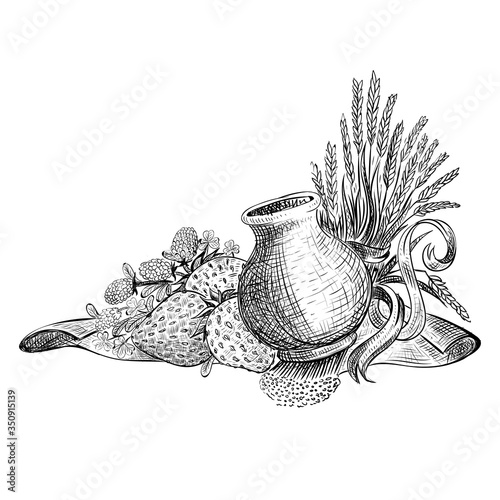 Sheaf of wheat, strawbery and jar of milk on white background. Vector illustration in sketch style isolated on white background