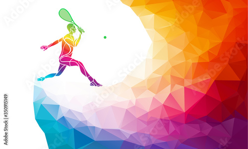 Creative silhouette of female tennis player. Racquet sport vector illustration or banner template in trendy abstract colorful polygon style with rainbow back