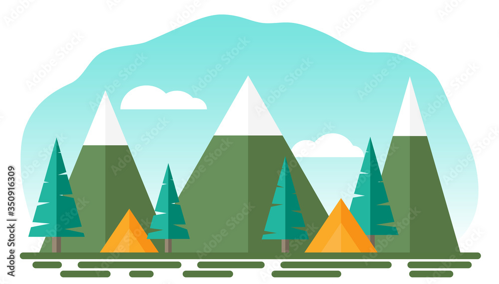 Fototapeta premium Stylized application vector image of a camping on a background of snow-capped mountains, the concept of a National Great Outdoors Month and National Recreation and Parks Month