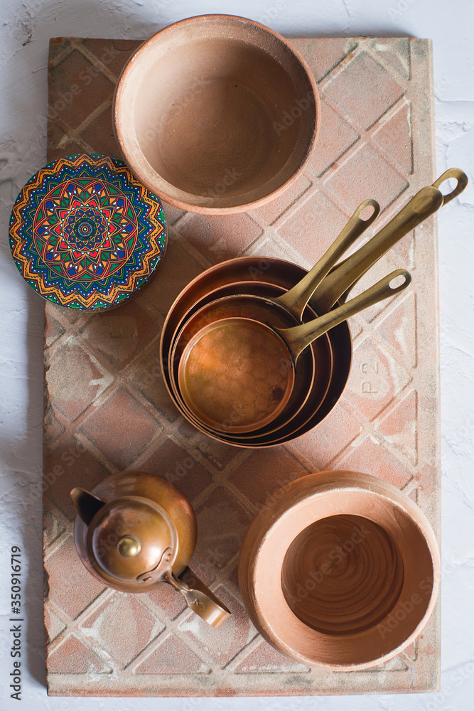 Copper utensils. Vintage copper cookware - cocottes, creamer and accessories for coffee.