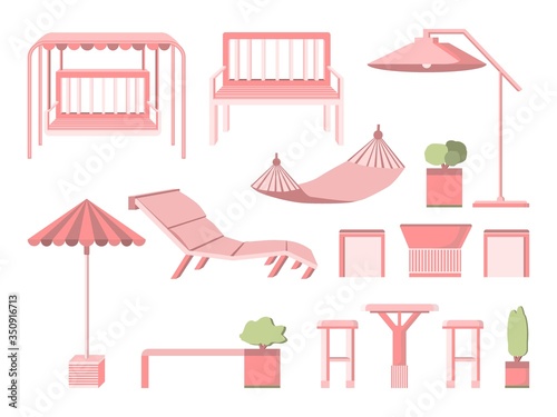 Set furniture for garden and terrace in flat style isolated on white background. Bench, deck chair, swing, deck chair, umbrella, tea table, trees