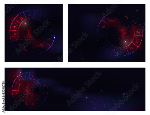 A set of backgrounds for astrologers or sites with horoscopes. Night sky with stars and astrological circle. Cosmic dark background. Vector stock illustration