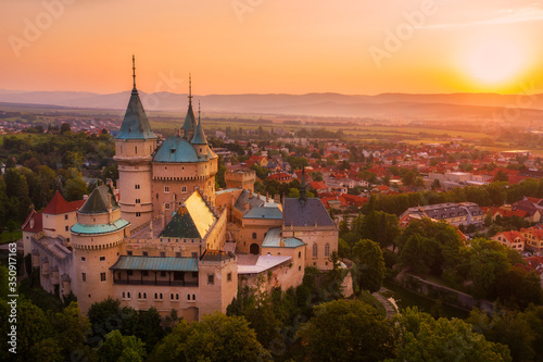 Aerial view of Bojnice medieval castle, UNESCO heritage in Slovakia. Romantic castle with gothic and Renaissance elements built in 12th century.