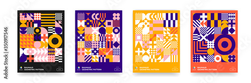Abstract Bauhaus background, vector geometric pattern circle, triangle and square lines art design. Color Bauhaus Swiss pattern backgrounds, posters set
