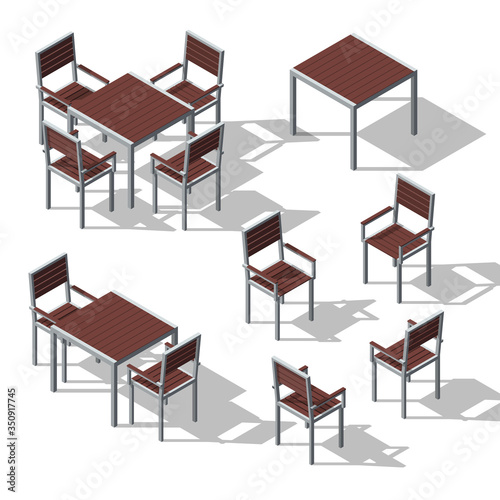 Set of isometric cafe tables and chairs.