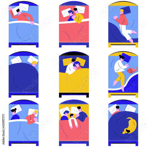 Set of people sleeping in different poses together in bed vector illustration