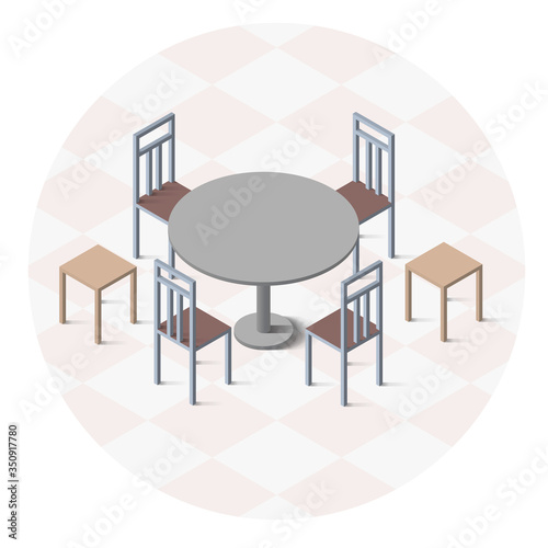 Isometric round table with chairs and stools. Furniture for cafes.