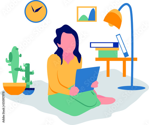 Freelance or study at home vector illustration. A woman works or stading at home with a laptop. Self-isolation of the house.	