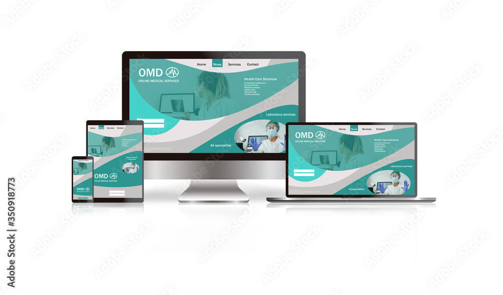 Realistic set of technological devices consisting of screen, laptop, tablet and smartphone