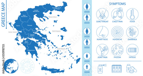 Greece map with pictograms and icons of symptoms, Covid-19 and other respiratory diseases, vector illustration for infographics and posters