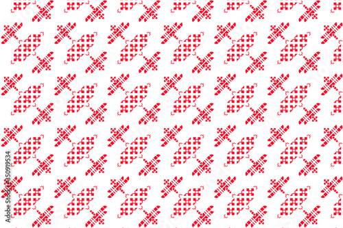 Repeating red ethnic pattern made from shaped blocks on a white background