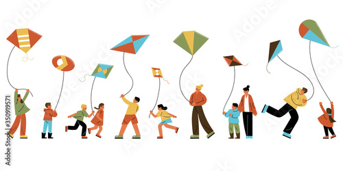 Happy people and children flying kite outdoors vector illustration
