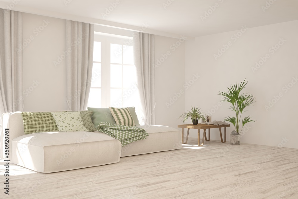 Naklejka premium White living room with sofa. Scandinavian interior design. 3D illustration