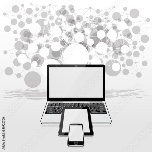 A Laptop computer, Tablet PC and Smart Phone all presented with blank screens set against grid pattern of connected circles representing a global network .