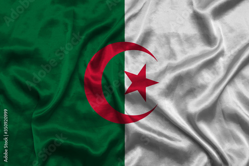 Algeria national flag background with fabric texture. Flag of Algeria waving in the wind. 3D illustration