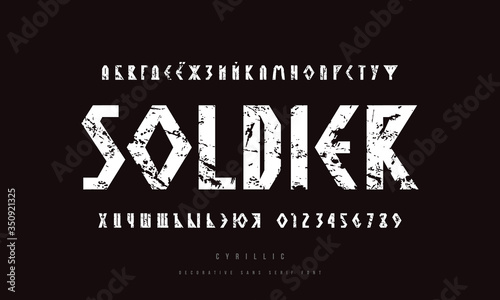 Geometric narrow cyrillic sans serif font in viking style