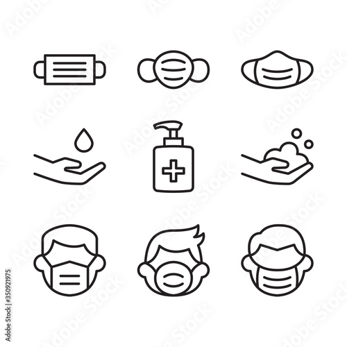 Mask protection, virus protection icon set. Contains such Icons as mask, hand sanitizer, hand wash. Suitable for website design, template, and ui. Line style design. Editable stroke.