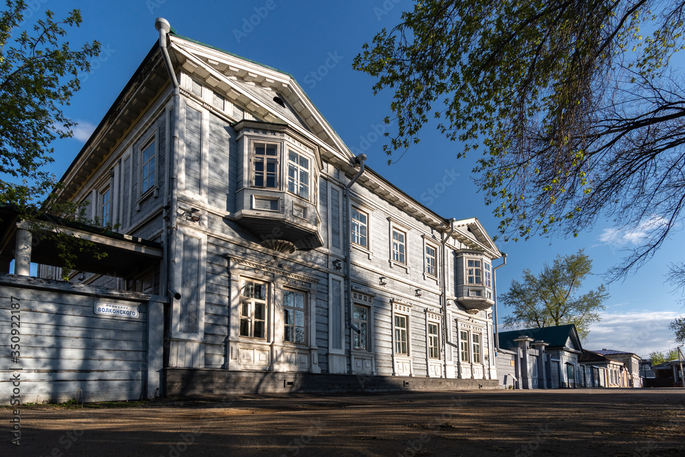 Facade of a wooden house in the center of Irkutsk