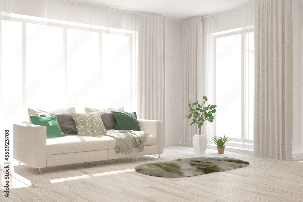 Naklejka premium White living room with sofa. Scandinavian interior design. 3D illustration