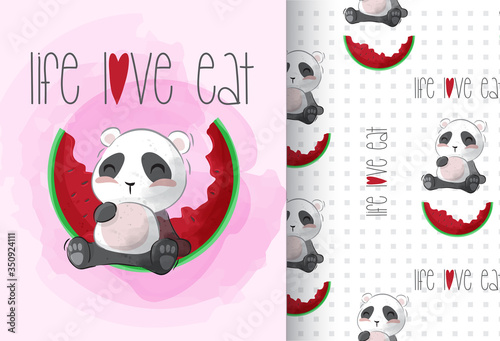 Cute little panda who likes to eat with seamless pattern