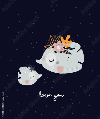 Nursery print with cute fish. Mom and baby. Childish print with cute sea animals. Ideal for poster, card, baby clothing, wall art, kids room decoration. Vector illustration in flat style