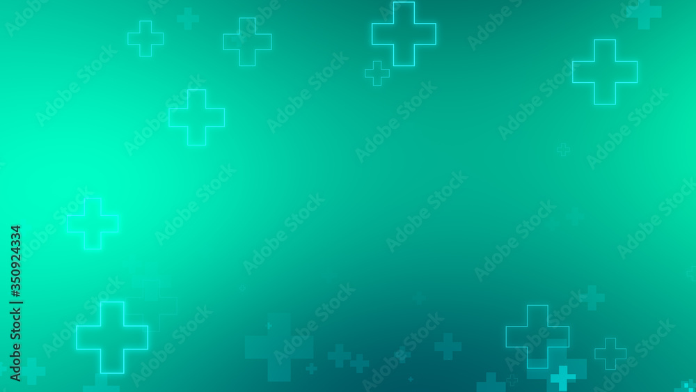 Obraz premium Medical health blue green cross neon light shapes pattern background. Abstract healthcare technology and science concept.