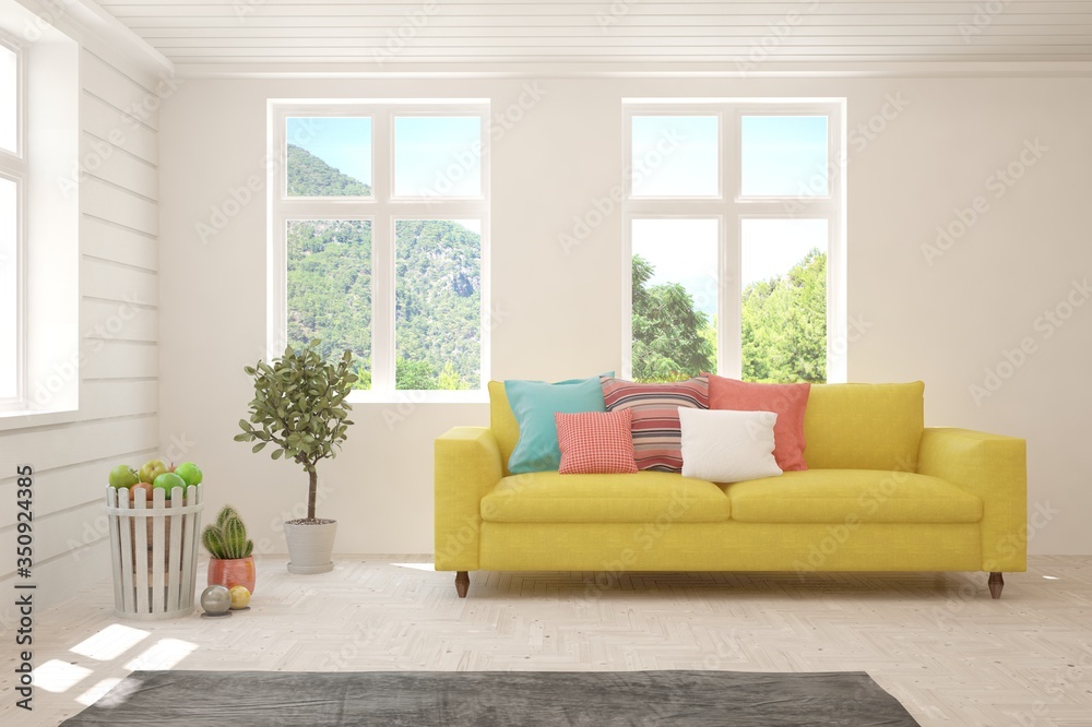 Fototapeta premium White living room with sofa and summer landscape in window. Scandinavian interior design. 3D illustration