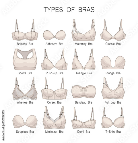 Women's underwear. Types of bras. A set of beige bras.